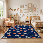 Navy Bunny and Egg Pattern Rug — playroom styling view