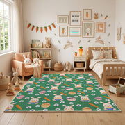 Green Floral Bunny Pattern Rug — angled floor view