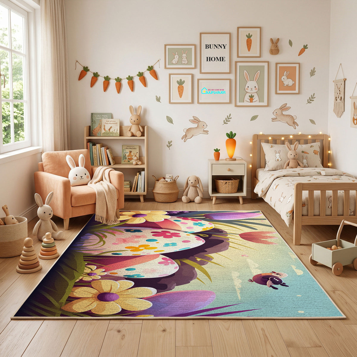Sleeping Bunny Floral Area Rug — styled nursery room view