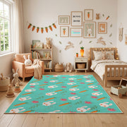 Mint Bunny Carrot Pattern Rug — cozy interior view