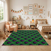 Purple Green Optical Wave Rug — cozy interior view