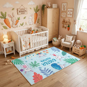 Happy Easter Floral Bunny Rug — angled floor view