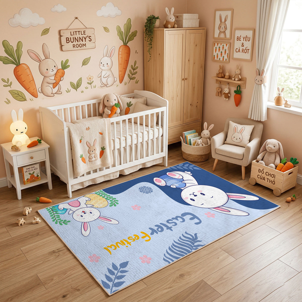 Bunny Friends Floral Area Rug — styled nursery room view