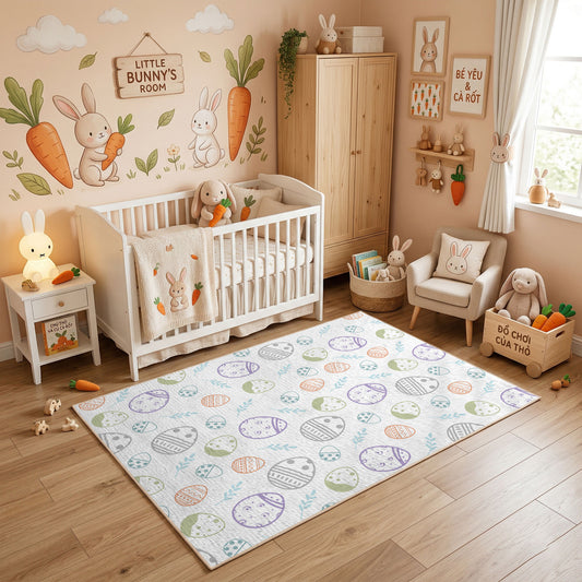 Pastel Easter Egg Pattern Rug — styled nursery room view