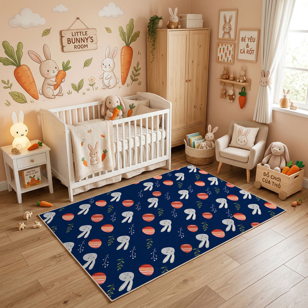 Navy Bunny and Egg Pattern Rug — styled nursery room view