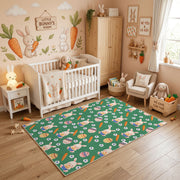 Green Floral Bunny Pattern Rug — close-up texture view