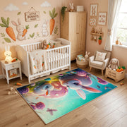 Fantasy Bunny Mushroom Area Rug — playroom styling view
