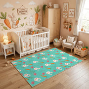 Mint Bunny Carrot Pattern Rug — decorative room view