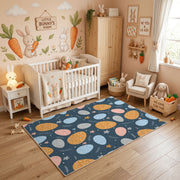 Dark Pastel Easter Egg Pattern Rug — bedroom floor view