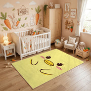 Yellow Winking Face Area Rug — bedroom floor view
