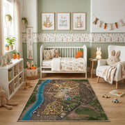 Illustrated City Map Area Rug — bedroom floor view
