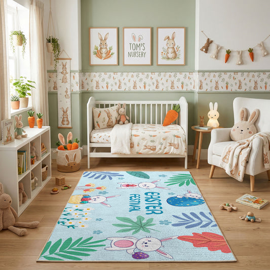 Happy Easter Floral Bunny Rug — styled nursery room view