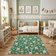 Green Floral Bunny Pattern Rug — front-facing room view