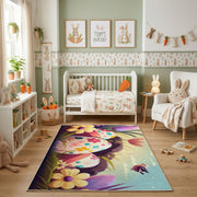 Sleeping Bunny Floral Area Rug — angled floor view