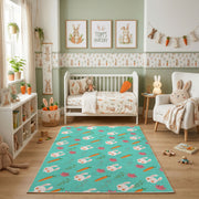 Mint Bunny Carrot Pattern Rug — front-facing room view