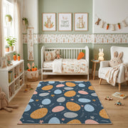 Dark Pastel Easter Egg Pattern Rug — angled floor view