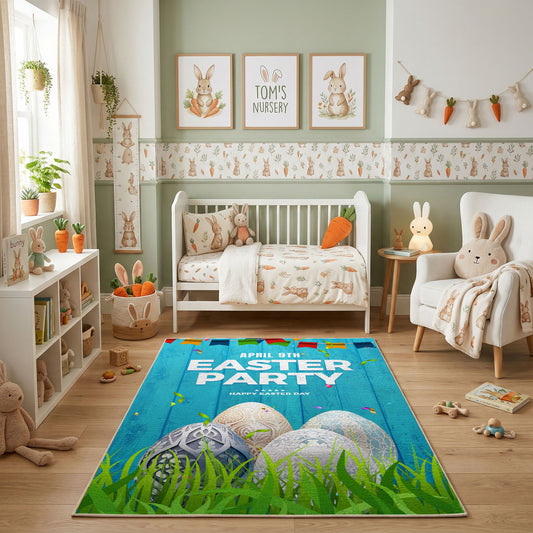 Easter Party Bunny Egg Rug — styled nursery room view