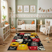 Colorful Friendly Monster Rug — front-facing room view