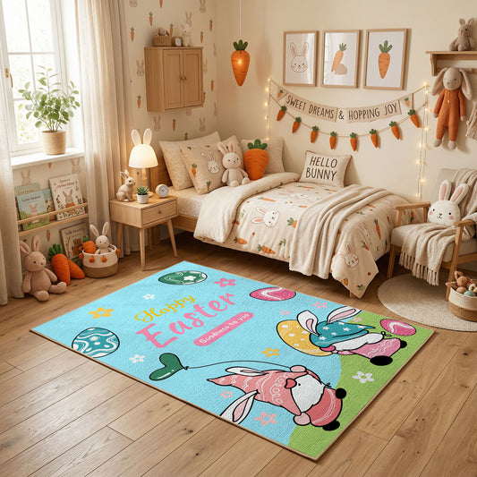 Happy Easter Bunny Couple Area Rug — styled nursery room view