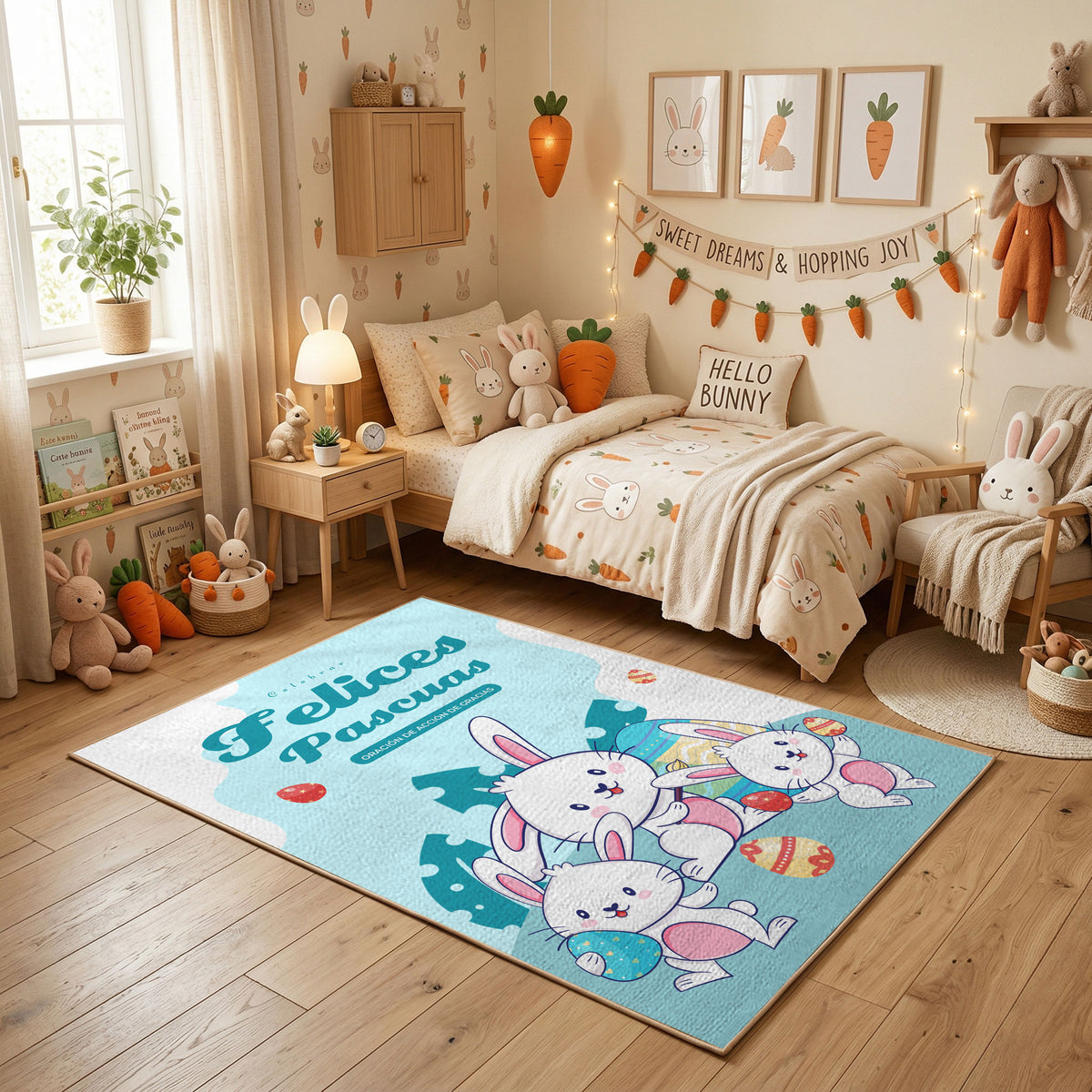 Happy Easter Bunny Family Area Rug — styled nursery room view