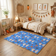 Blue Easter Bunny Egg Pattern Rug — front-facing room view