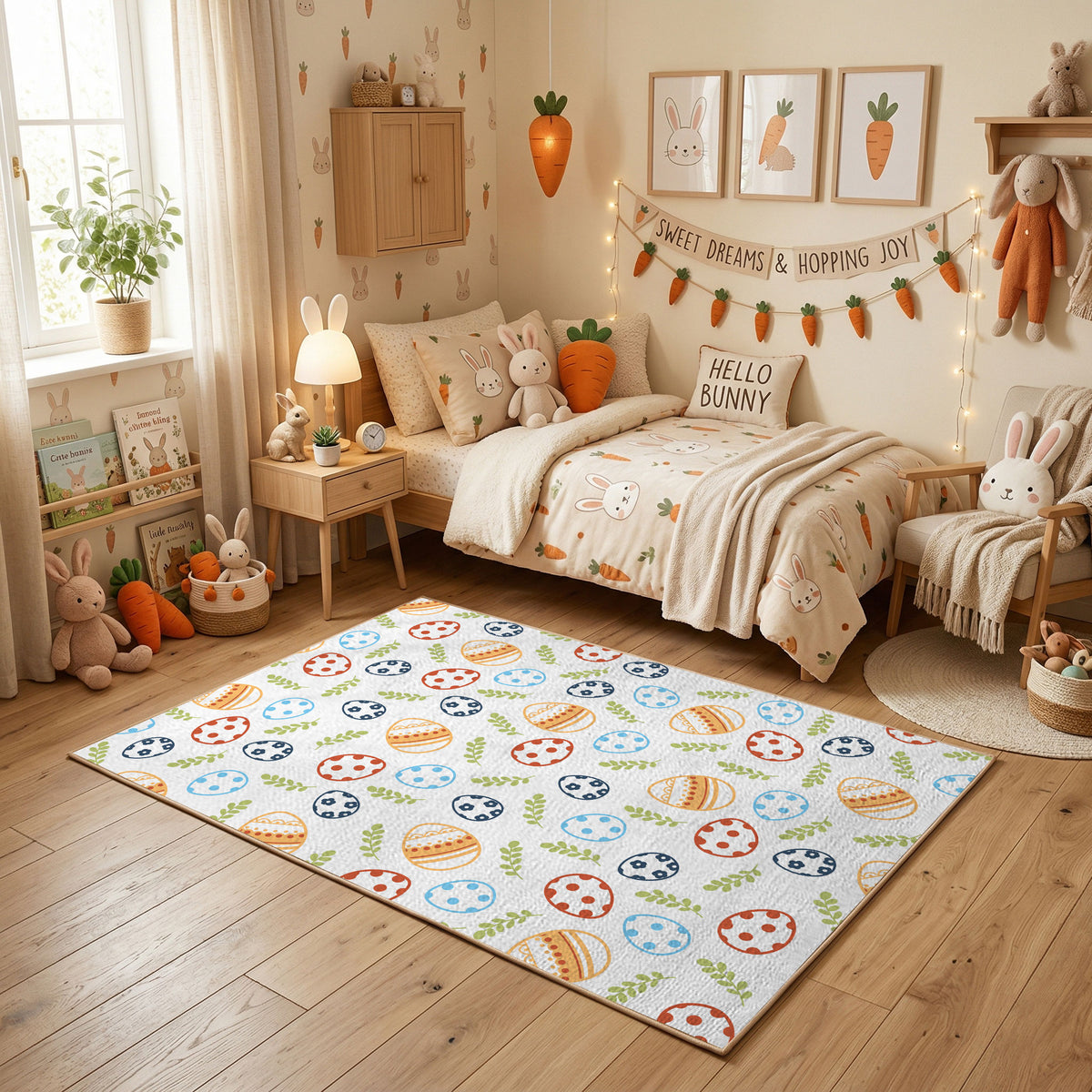 Colorful Easter Egg Pattern Rug — styled nursery room view