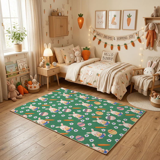 Green Floral Bunny Pattern Rug — full rug design