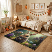 Woodland Bunny Portrait Rug — styled nursery room view