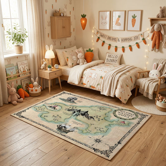 Vintage Fantasy Map Area Rug — styled nursery room view
