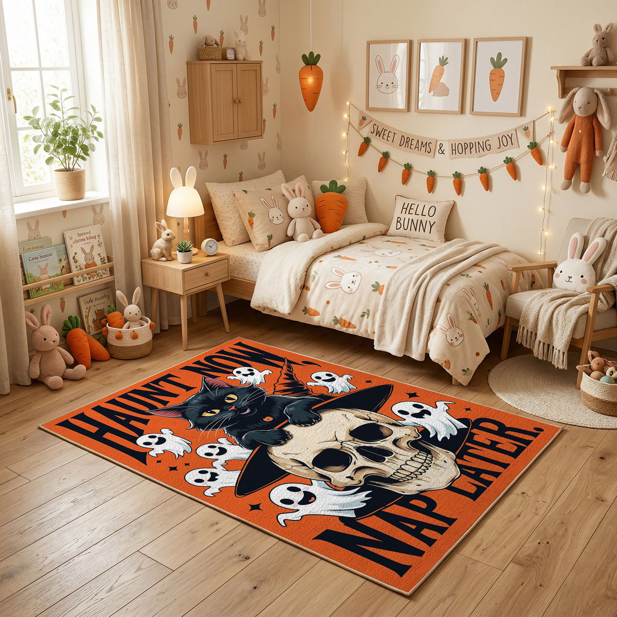 Halloween Skull and Ghost Rug — styled nursery room view