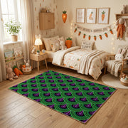 Purple Green Optical Wave Rug — angled floor view