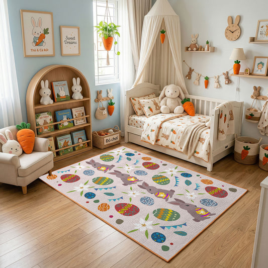 Colorful Easter Egg Pattern Rug — styled nursery room view