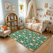 Green Floral Bunny Pattern Rug — color detail view