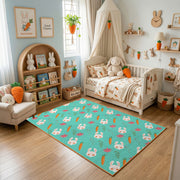 Mint Bunny Carrot Pattern Rug — bedroom floor view