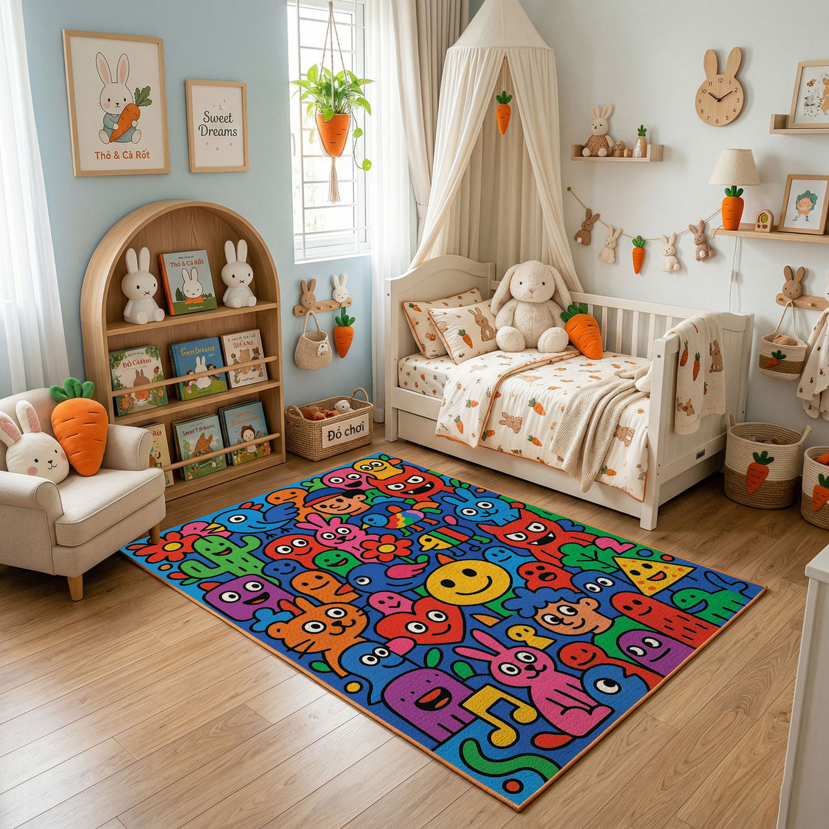 Abstract Colorful Doodle Rug — styled nursery room view