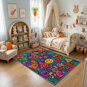 Abstract Colorful Doodle Rug — styled nursery room view