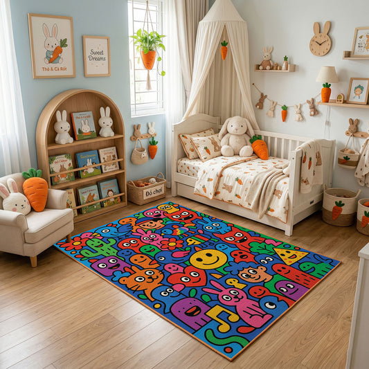 Abstract Colorful Doodle Rug — styled nursery room view