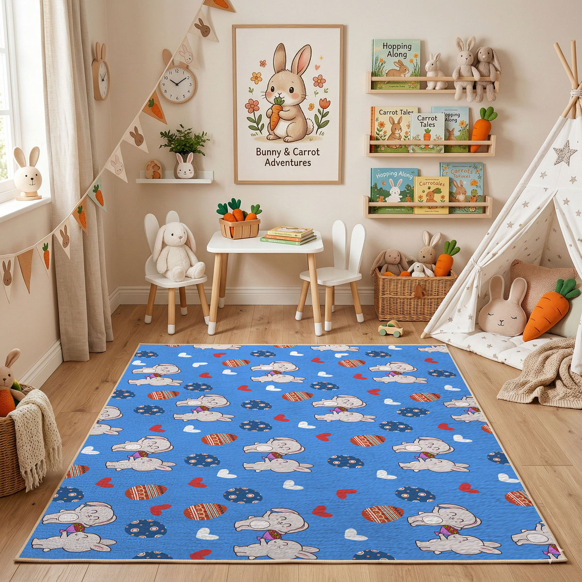 Blue Easter Bunny Egg Pattern Rug — styled nursery room view