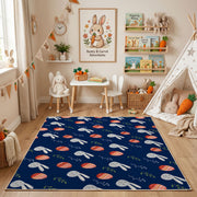 Navy Bunny and Egg Pattern Rug — angled floor view