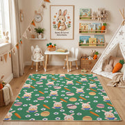 Green Floral Bunny Pattern Rug — bedroom floor view
