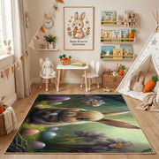 Woodland Bunny Portrait Rug — playroom styling view