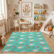 Mint Bunny Carrot Pattern Rug — playroom styling view