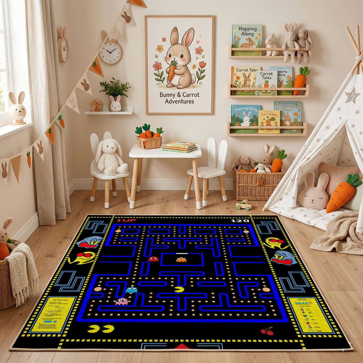 Retro Arcade Maze Area Rug — styled nursery room view