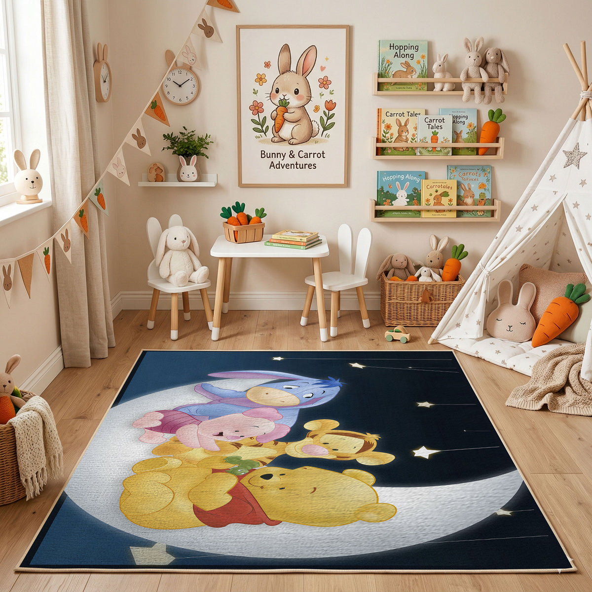 Sleeping Honey Bear Moon Rug — styled nursery room view