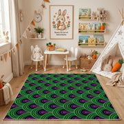 Purple Green Optical Wave Rug — bedroom floor view