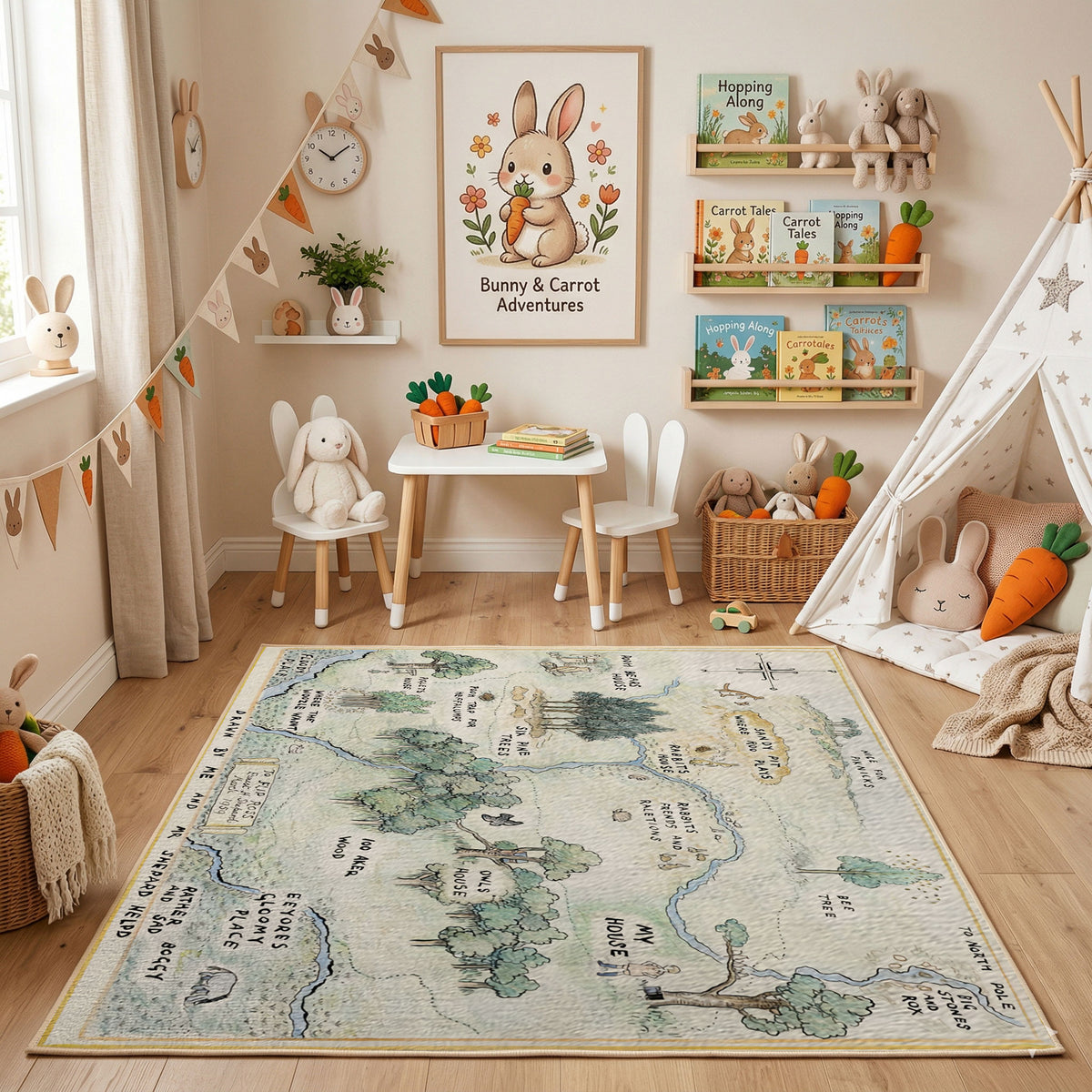 Pastel Illustrated USA Map Rug — styled nursery room view