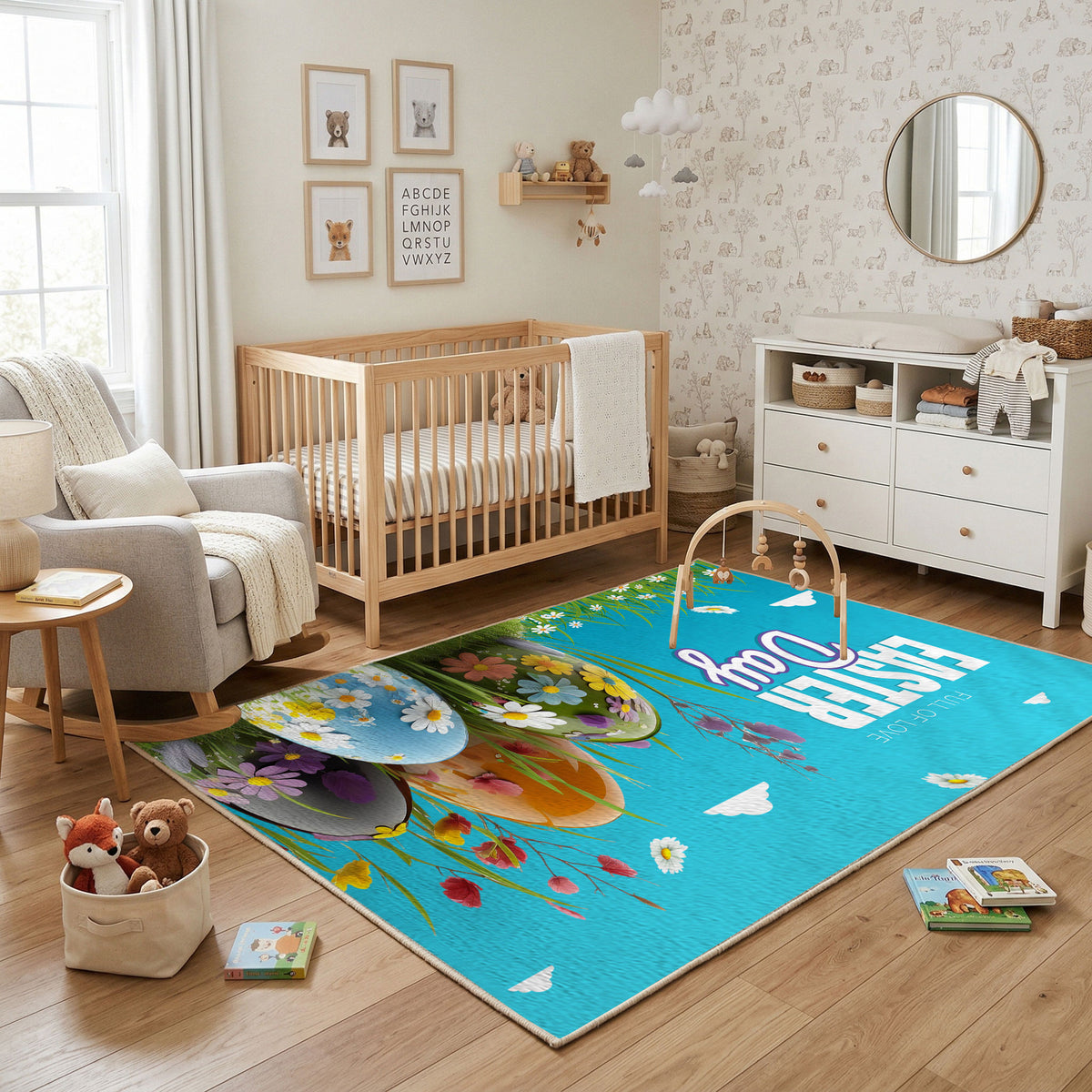 Happy Easter Floral Bunny Rug — styled nursery room view