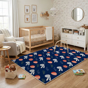 Navy Bunny and Egg Pattern Rug — color detail view