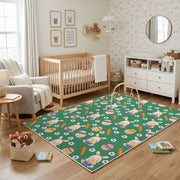 Green Floral Bunny Pattern Rug — playroom styling view