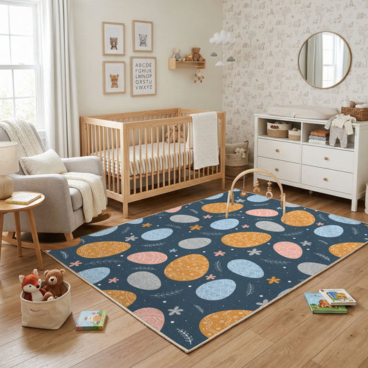 Dark Pastel Easter Egg Pattern Rug — styled nursery room view
